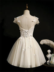 Evening Dress Lace, Ivory Homecoming Dress With Cap Sleeves, Butterfly Appliques Short Prom Dress