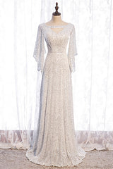 Evening Dress Shops Near Me, Ivory Mermaid Sequins Cut-Out Flaunt Sleeves Long Formal Dress