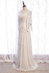 Evening Dresses Wedding, Ivory Mermaid Sequins Cut-Out Flaunt Sleeves Long Formal Dress