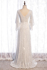 Evening Dress Wedding, Ivory Mermaid Sequins Cut-Out Flaunt Sleeves Long Formal Dress