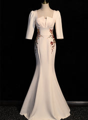 Wedding Dresses Trend, Ivory Mermaid Short Sleeves Wedding Party Dress, Ivory Long Evening Dress Prom Dress