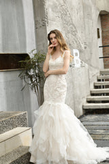 Wedding Dresses Unique, Ivory Mermaid Tulle Lace Appliques V-neck Wedding Dresses with Cascading Ruffles