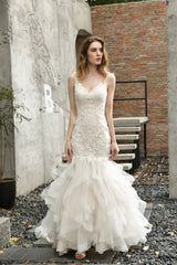 Wedding Dresse Unique, Ivory Mermaid Tulle Lace Appliques V-neck Wedding Dresses with Cascading Ruffles
