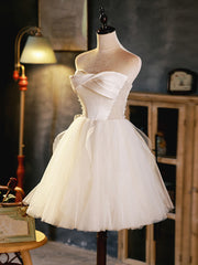 Bridesmaid Dresses White, Ivory Tulle and Satin Short Party Dress, Ivory Homecoming Dress Graduation Dress
