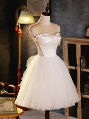 Bridesmaid Dresses Style, Ivory Tulle and Satin Short Party Dress, Ivory Homecoming Dress Graduation Dress