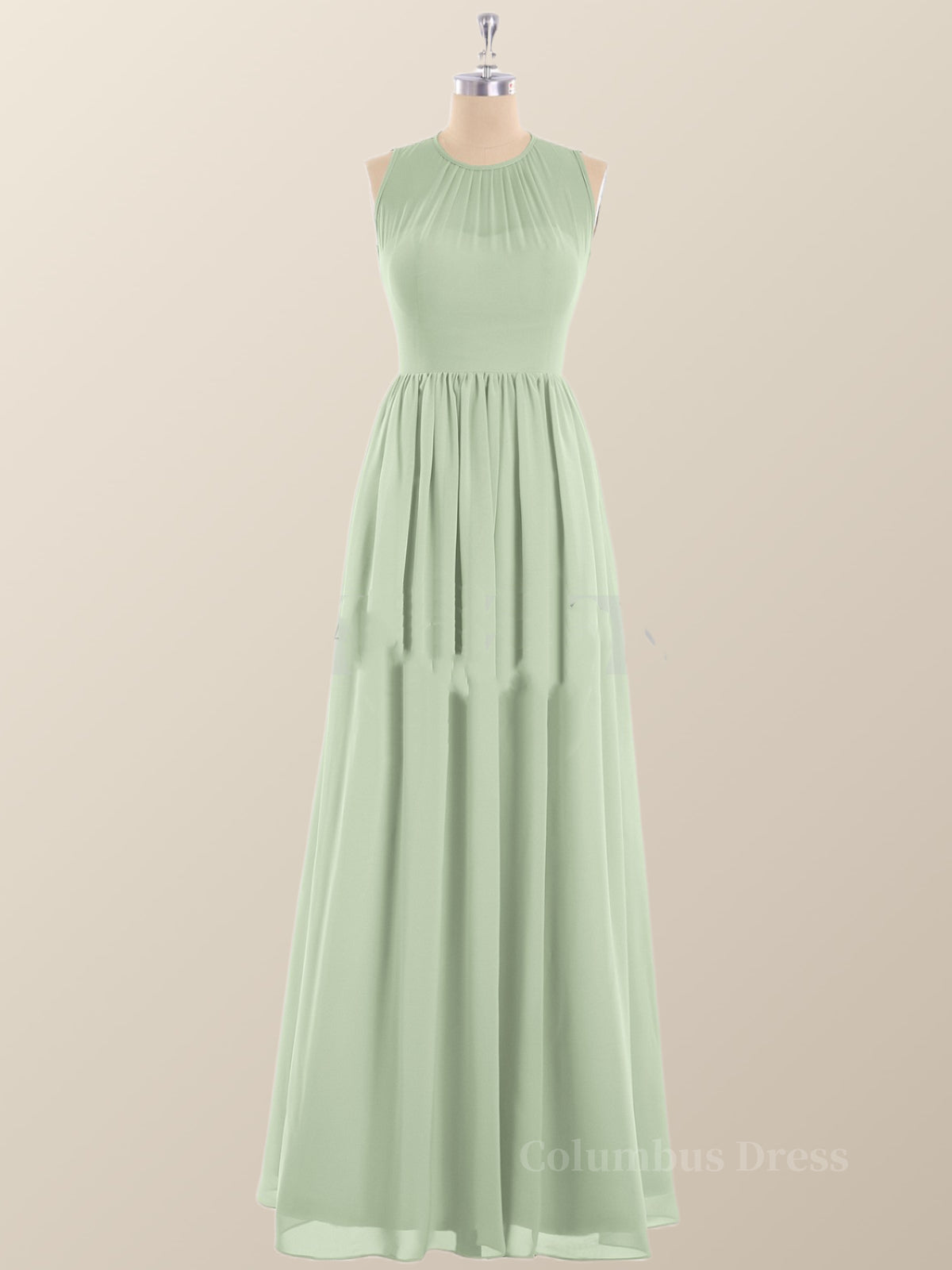 Formal Dress For Winter, Jewel Neck Sage Green Chiffon Long Bridesmaid Dress