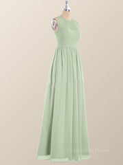 Formal Dresses For Winter, Jewel Neck Sage Green Chiffon Long Bridesmaid Dress