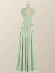 Formal Dresses Pink, Jewel Neck Sage Green Chiffon Long Bridesmaid Dress