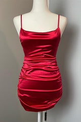 Mismatched Bridesmaid Dress, Red Satin Sheath Straps Homecoming Dress