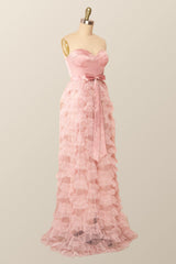 Prom Dress Blue Long, Sweetheart Blush Pink Tiered Ruffles Long Formal Dress
