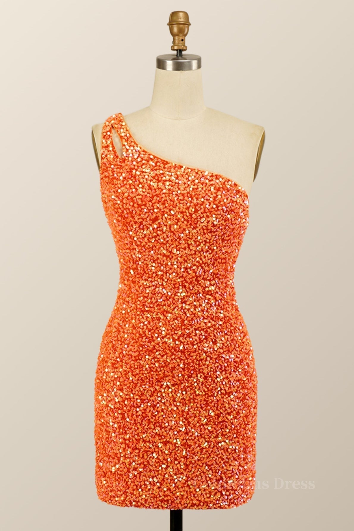 Bridesmaid Dress Orange, Keyhole One Shoulder Sequin Tight Mini Dress