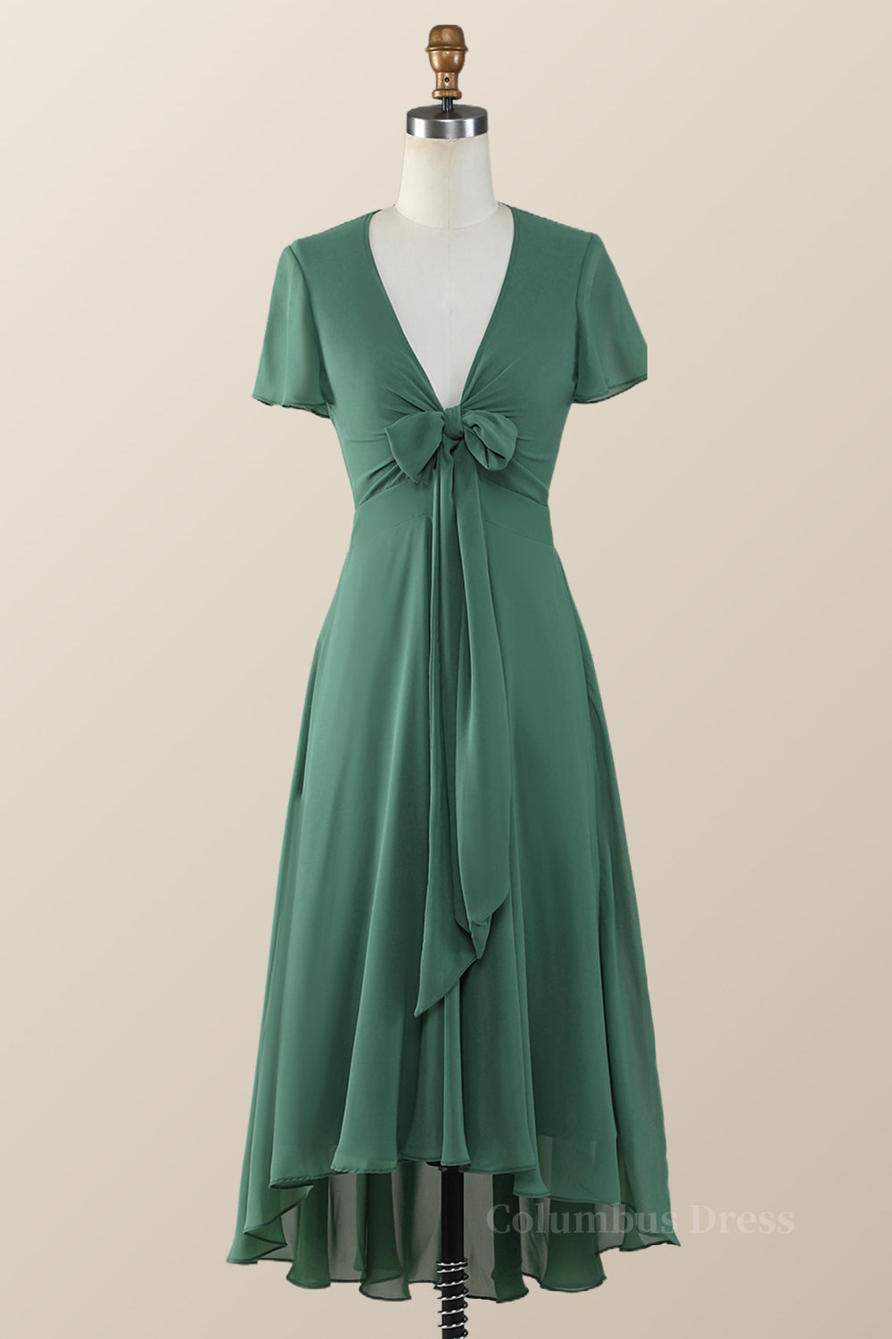 Bridesmaid Dress Mauve, Knot Front Green Chiffon Long Bridesmaid Dress