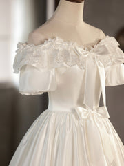 Wedding Dresses Shoulder, White Satin Lace Short Prom Dress, Off Shoulder Evening Dress, Wedding Dress