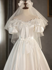 Wedding Dress Shoulders, White Satin Lace Short Prom Dress, Off Shoulder Evening Dress, Wedding Dress