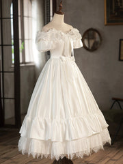 Wedding Dress Shoulder, White Satin Lace Short Prom Dress, Off Shoulder Evening Dress, Wedding Dress