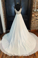 Wedding Dress Unique, Lace Back White V-Neck A-Line Long Bridal Dress Chiffon Wedding Dresses