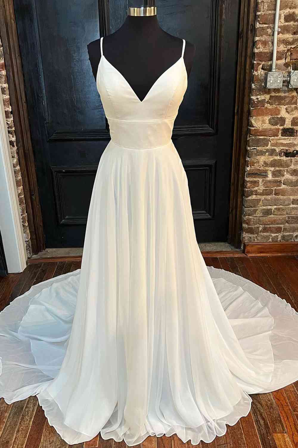 Wedding Dresses Under 501, Lace Back White V-Neck A-Line Long Bridal Dress Chiffon Wedding Dresses