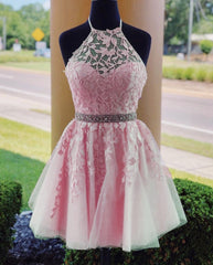 Prom Dresses For Teens Long, Lace Embroidery Halter Tulle Homecoming Dresses Cross Back