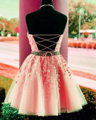 Prom Dresses Pattern, Lace Embroidery Halter Tulle Homecoming Dresses Cross Back