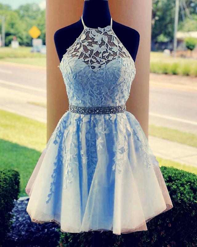 Prom Dresses Ball Gown Style, Lace Embroidery Halter Tulle Homecoming Dresses Cross Back