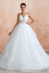 Wedding Dress Tulle Lace, Lace Halter See-through Multi-Layers White Wedding Dresses with Open Back
