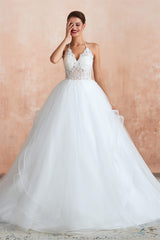 Wedding Dresses Tulle Lace, Lace Halter See-through Multi-Layers White Wedding Dresses with Open Back