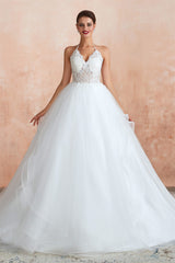 Wedding Dress Sleeves Lace, Lace Halter See-through Multi-Layers White Wedding Dresses with Open Back