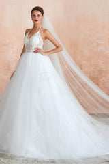Wedding Dresses Sleeve Lace, Lace Halter See-through Multi-Layers White Wedding Dresses with Open Back