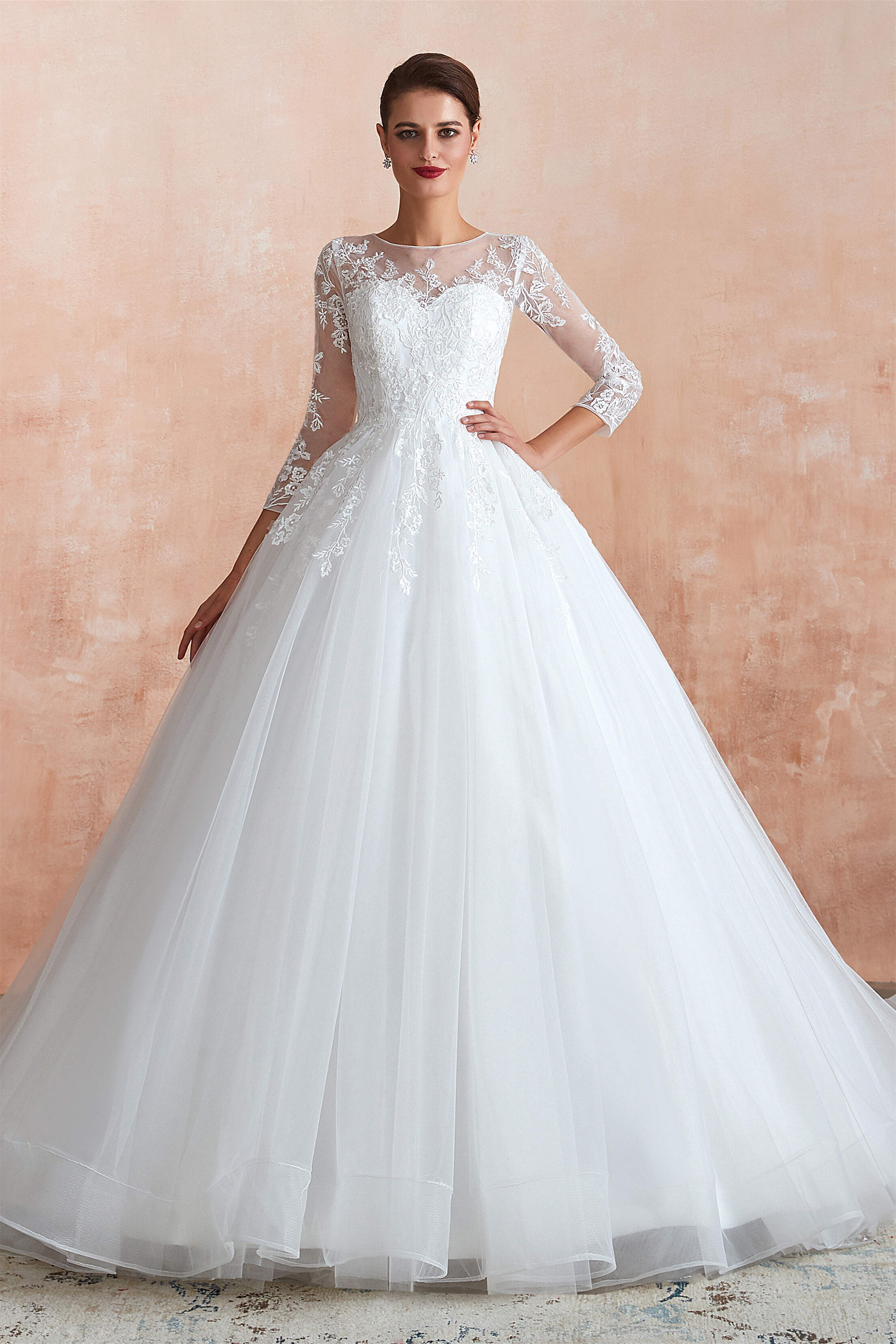 Wedding Dress Long Sleeve, Lace Jewel White Tulle Wedding Dresses with 3/4 Sleeves