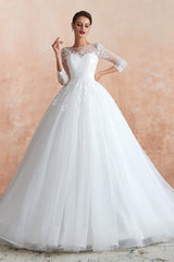 Wedding Dress Style, Lace Jewel White Tulle Wedding Dresses with 3/4 Sleeves