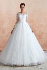 Wedding Dresses Ball Gown, Lace Jewel White Tulle Wedding Dresses with 3/4 Sleeves
