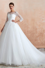 Wedding Dresses Online, Lace Jewel White Tulle Wedding Dresses with 3/4 Sleeves