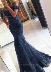 Bridesmaid Dress Color Schemes, Lace Long/Floor-Length Trumpet/Mermaid Sleeveless Off-The-Shoulder Zipper Prom Dress With Appliqued Beaded