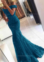 Bridesmaid Dresses Color Scheme, Lace Long/Floor-Length Trumpet/Mermaid Sleeveless Off-The-Shoulder Zipper Prom Dress With Appliqued Beaded