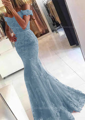 Bridesmaid Dress Colors Scheme, Lace Long/Floor-Length Trumpet/Mermaid Sleeveless Off-The-Shoulder Zipper Prom Dress With Appliqued Beaded