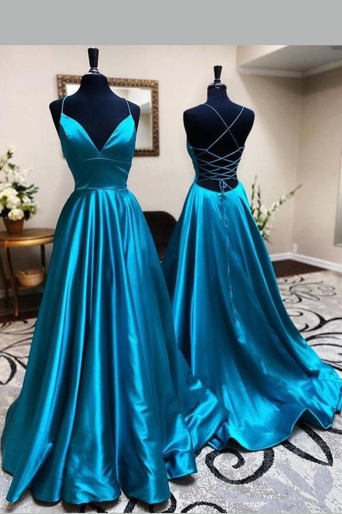 Bridesmaid Dress Elegant, Lace-up Back Blue Prom Dresses Long vestido de noite
