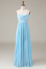 Homecoming Dresses Styles, Lace-Up Cowl Neck Light Blue A-Line Chiffon Bridesmaid Dress