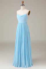 Homecoming Dress Styles, Lace-Up Cowl Neck Light Blue A-Line Chiffon Bridesmaid Dress