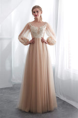 Evening Dresses Yellow, Lantern Sleeve Champagne Appliques Long Prom Dresses
