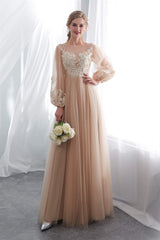 Evening Dresses For Ladies Over 76, Lantern Sleeve Champagne Appliques Long Prom Dresses
