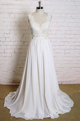Wedding Dresses Short, Latest Long A-line V-neck Lace Chiffon Wedding Dress