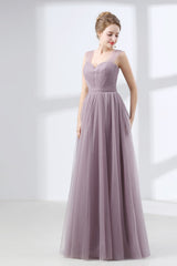 Evening Dresses Cheap, Lavender A-Line Sweetheart Floor-Length Tulle Pleated Bridesmaid Dresses