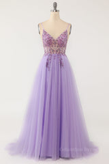 Classy Dress, Lavender Beaded A-line Tulle Formal Dress