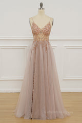 Unique Prom Dress, Lavender Beaded A-line Tulle Formal Dress