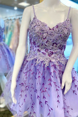 Homecoming Dress Sparkles, Lavender Floral Appliques A-Line Short Homecoming Dress