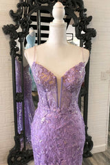 Bridesmaids Dress Floral, Lavender Floral Appliques Deep V Neck Mermaid Long Prom Dresses Gala Dress Formal