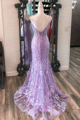 Bridesmaid Dress Floral, Lavender Floral Appliques Deep V Neck Mermaid Long Prom Dresses Gala Dress Formal