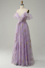 Party Dresses For Over 54S, Lavender Floral Ruffles Tulle A-line Long Prom Dress