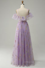 Party Dress For Over 54, Lavender Floral Ruffles Tulle A-line Long Prom Dress