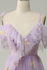 Party Outfit, Lavender Floral Ruffles Tulle A-line Long Prom Dress